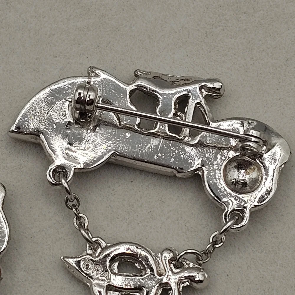 ORA Motorcycle Brooch Pins 2pc Silver Tone Clear Rhinestone Biker Mason Sword